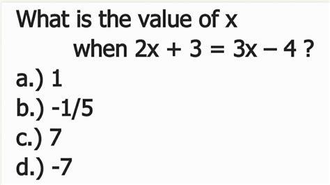 Find The Value Of X When 2x 3 3x 4 Youtube