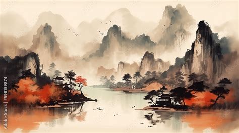 Chinese painting style landscape. asian traditional culture ...