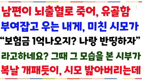 반전사연남편이 죽어 영정사진앞에서 울고있는 내게 시모가 남편 보험금 1억을 달라하네요 그때 그모습을 본 시부가 복날