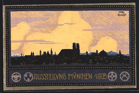 KÜNSTLER AK MÜNCHEN AUSSTELLUNG 1908 Stadt im Abendlicht Ganzsache