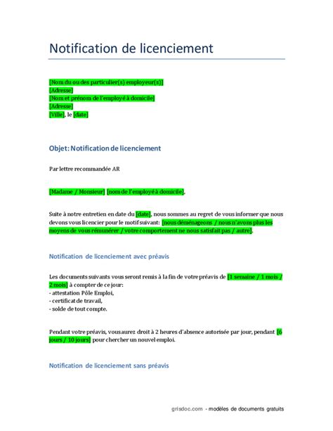 Notification De Licenciement Dun Employé à Domicile Doc Pdf Page