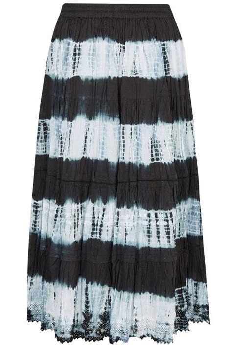 Black White Tie Dye Tiered Maxi Skirt With Lace Trim Hem Plus Size