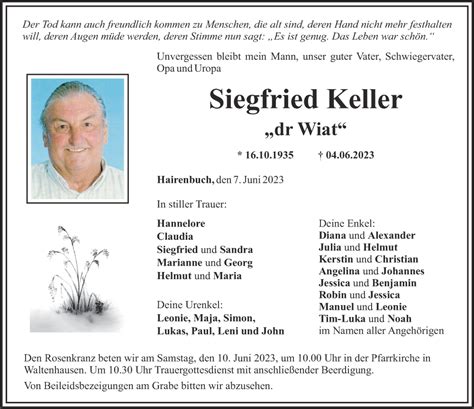 Traueranzeigen Von Siegfried Keller Augsburger Allgemeine Zeitung