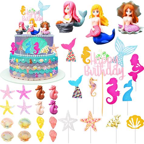 Buy 30 Pieces Mermaid Cake Topper Mermaid Theme Birthday Cake Topper Set With Shell Mermaid