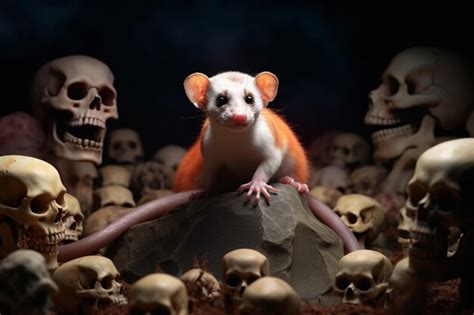 Premium AI Image | A red and white rodent sits on a rock surrounded by skulls.