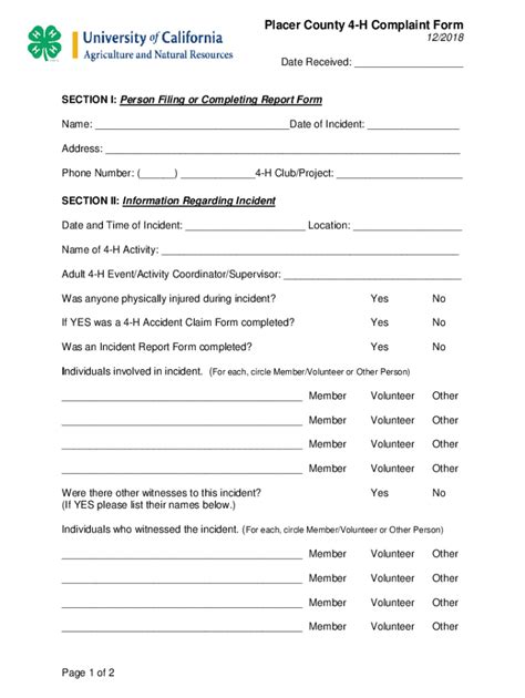 Fillable Online Placer County 4 H Complaint Form UC ANR Fax Email