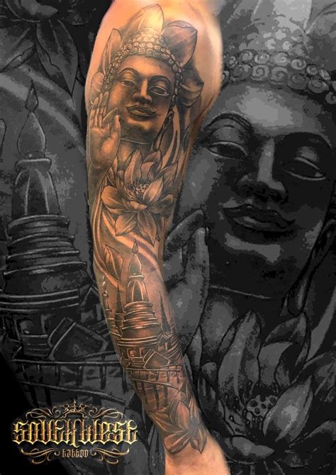 Thai Buddha with pagodas, full sleeve. made at SOUTHWEST TATTOO Phuket ...