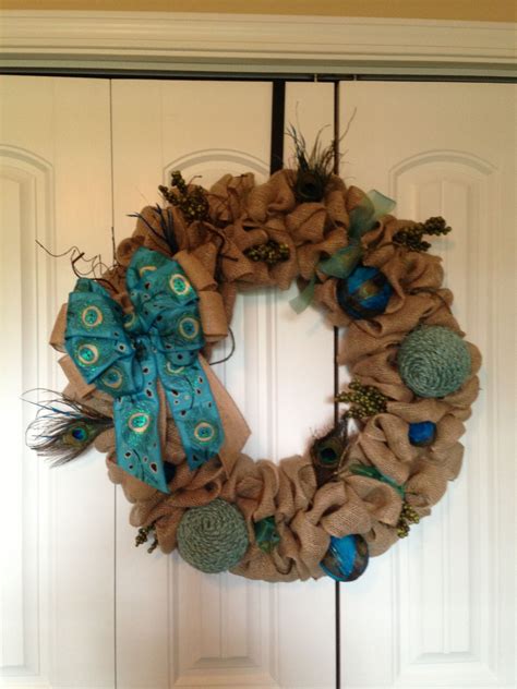 Love This Peacock Wreath It Was Fun To Make For My Front Door Peacock Wreath Burlap Wreath