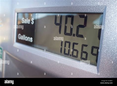 Display Of Fuel Pump Showing Gallons And Price At Gas Station Stock