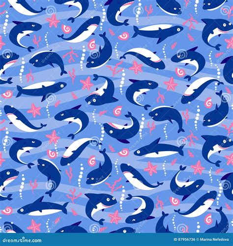 Cute Sharks Pattern Nautical Seamless Print Sea Life Vector