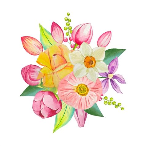 Composiciones De Ramos De Acuarela De Primavera Con Flores Vector Premium