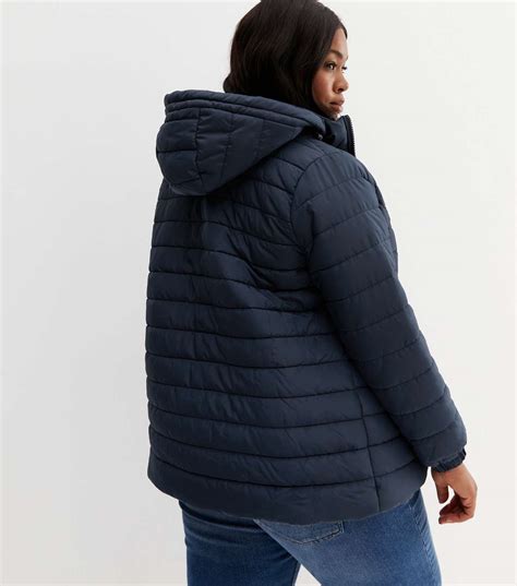 Curves Navy Lightweight Hooded Puffer Jacket New Look