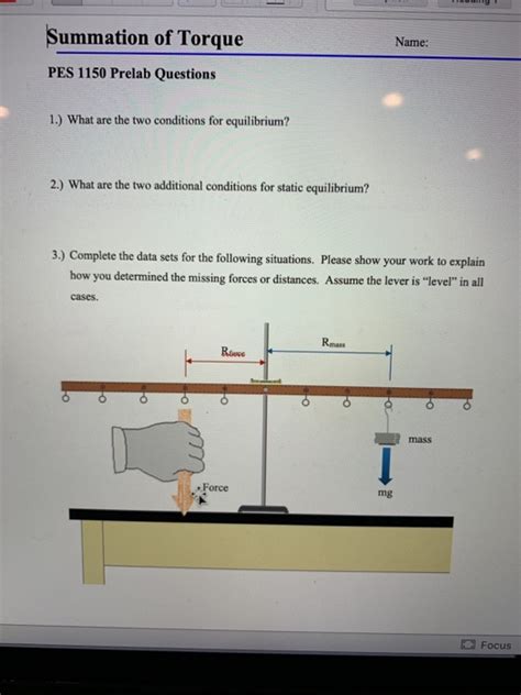 Solved Summation Of Torque Name PES 1150 Prelab Questions Chegg