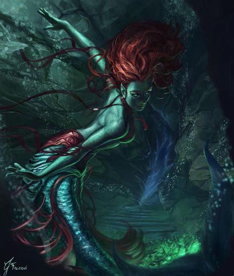 A Mermaid With Red Hair Is Swimming In The Water And Her Tail Is Curled Up