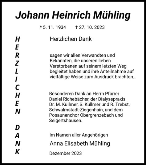 Traueranzeigen von Johann Mühling Trauer HNA de