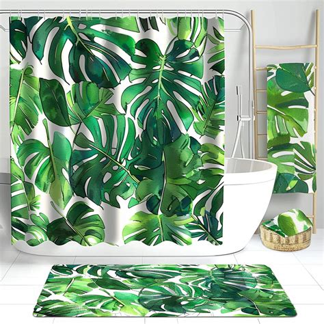 Green Monstera Leaf Bathroom Set Tropical Leaves Shower Curtain By Mary