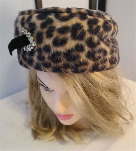 Vintage Leopard Hat 1950s 60s Round Faux Leopard Fur Pillbox Hat Rhinestone Ornament Rockabilly