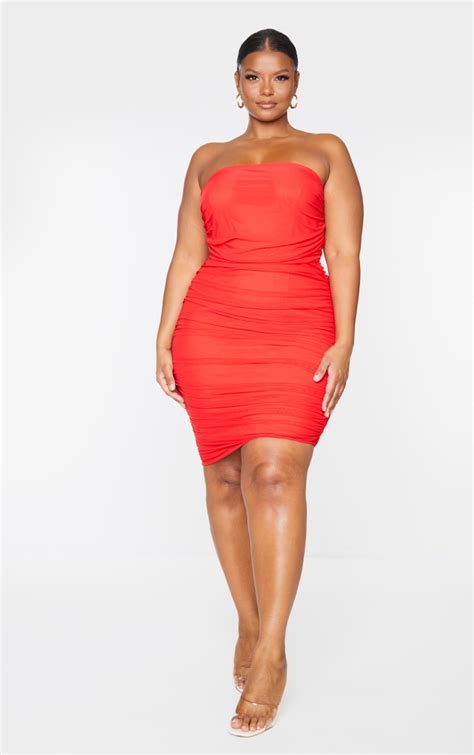 Plus Red Layered Mesh Strapless Bodycon Dress Plus Size