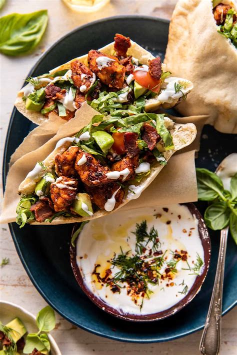 Rosemary Chicken And Avocado Bacon Pitas With Honey Feta Sauce Half