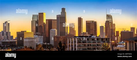 the skyline of los angeles during sunset Stock Photo - Alamy