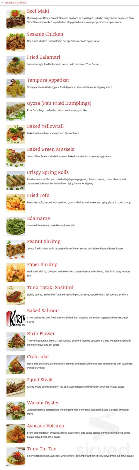 Kirin Japanese Cuisine Menu In Hammond Louisiana Usa