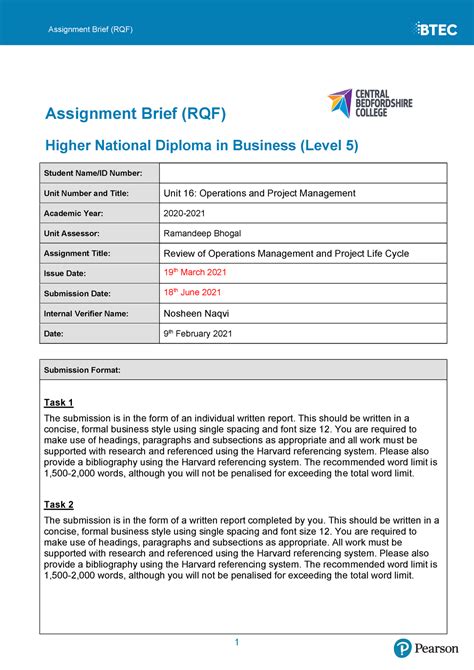 Unit 16 Assignment Brief 2020 2021 Assignment Brief Rqf Higher