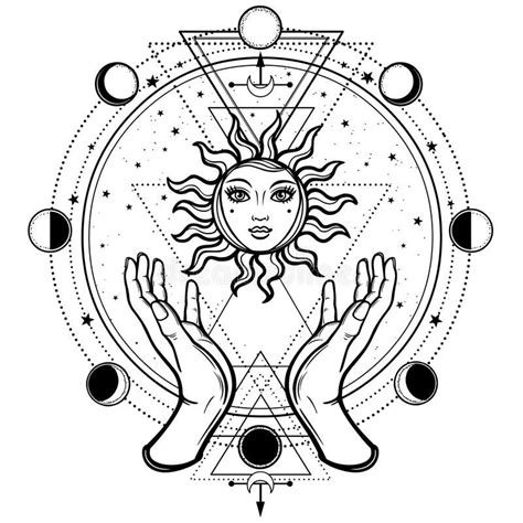 Mystical Drawing Human Hands Hold The Sun Circle Of A Phase Of The Moon Sacred Geometry