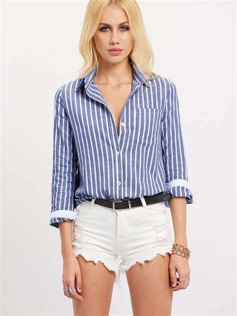 Vertical Stripe Pocket Blouse Blue Striped Shirt Womens Blue Striped