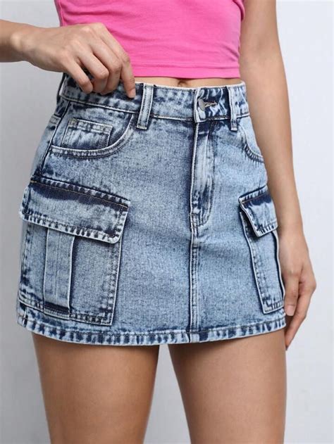 Shein Ezwear Flap Pocket Denim Skirt In 2023 Denim Skirt Women Cargo