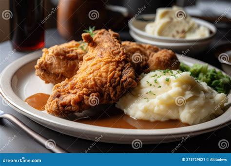 Plate Of Crispy Fried Chicken Mashed Potatoes And Gravy Stock Image Image Of Fast Lunch