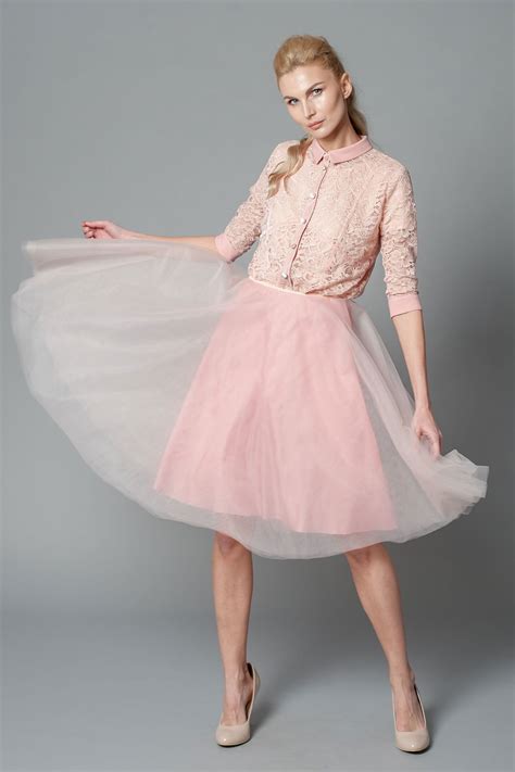 Blush Pink Shirt Midi Dress With Chiffon Collar Cuffs And Tulle Skirt