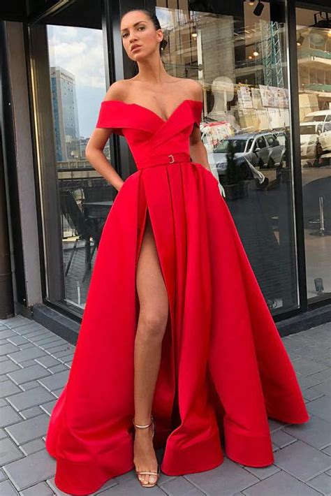 Off The Shoulder Red V Neck Prom Dress High Slit Pockets Party Dress Promdress Me Uk