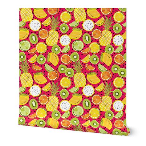 Tutti Frutti Tropical Fruit Mix On Hot Wallpaper Spoonflower