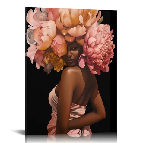 Jeuxus African American Wall Art Pink Flower On Black Women Head