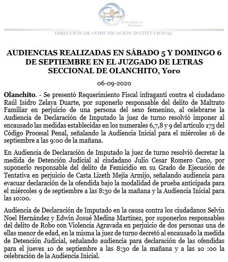 Poder Judicial Hn On Twitter Audiencias Realizadas En Sábado 5 Y