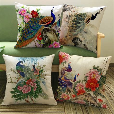 Chinese Classical Peacock Decorative Cushion Covers Linen Colorful