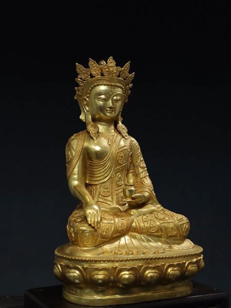 17 7 Old Antique Tibetan Buddhism Temple Bronze 24k Gilt Amitabha