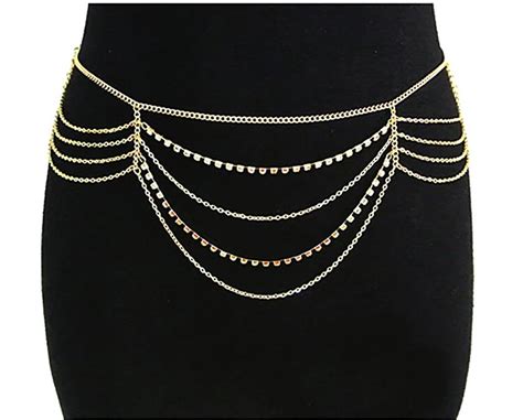 Free Shipping Goldtone Multi Layered Chain Belt With Dangling