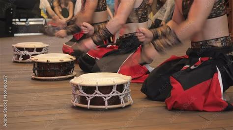 Musicians Play The Taiko Shime Daiko Drums On Scene During The Japanese