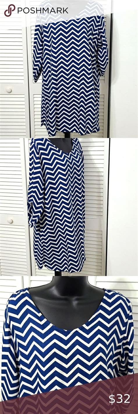 Med Escapada Blue White Zig Zag Round Neck Buttoned Up Sleeves 33 Long