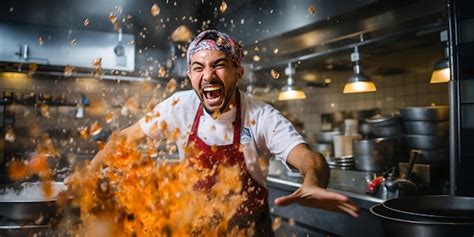 Premium AI Image | Joyful chef in action throwing ingredients in the