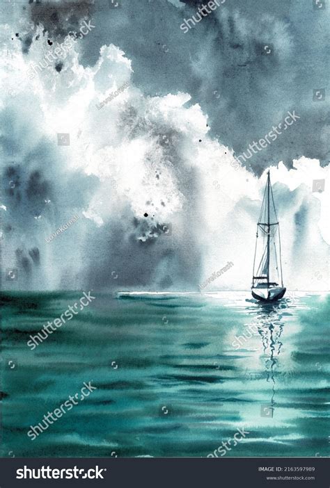 Watercolor Seascape Sailboat Yacht Boat Blue Stock Illustration ...