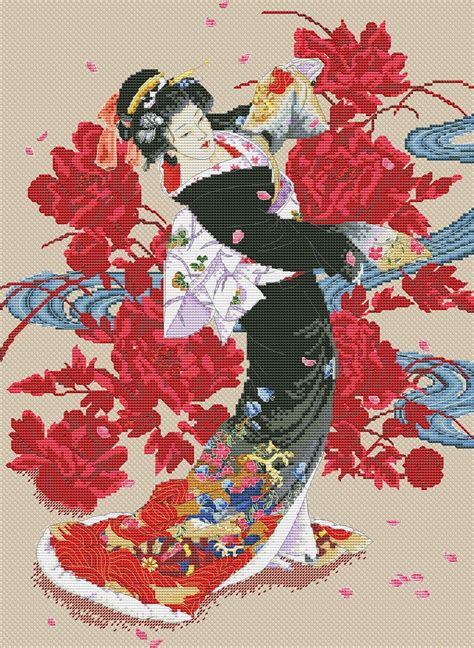 Japanese Geisha Cross Stitch Pattern Woman Red Black Flowers Etsy