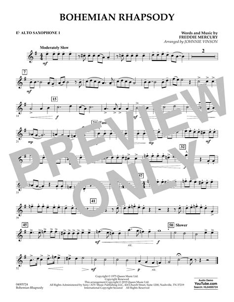 Queen Bohemian Rhapsody Arr Johnnie Vinson Eb Alto Saxophone