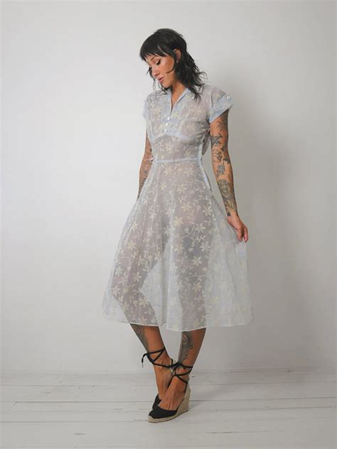 1950s Flocked Sheer Floral Dress Noirohio Vintage