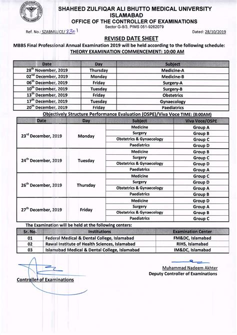 Revised Date Sheet Of Mbbs Nd Rd Th Final Professionals Annual