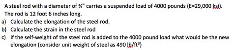 Solved A steel rod with a diameter of %" carries a suspended | Chegg.com