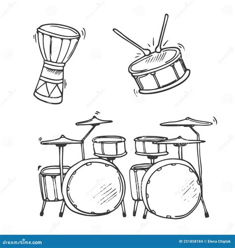 Hand Drawn Line Drums Set Doodle Style Drums In Vector Stock Vector