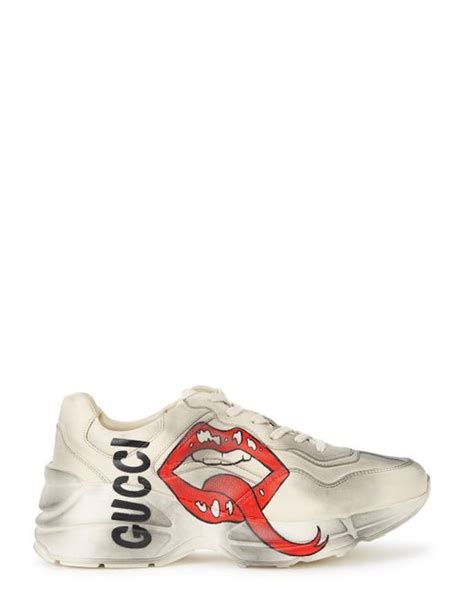 Gucci Rhyton Leather Sneakers With Maxi Mouth Print In White Lyst Uk