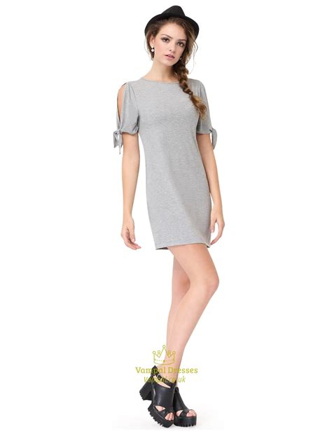 Grey Short Sleeve Crew Neck Loose T Shirt Dress With Cutout Shoulders